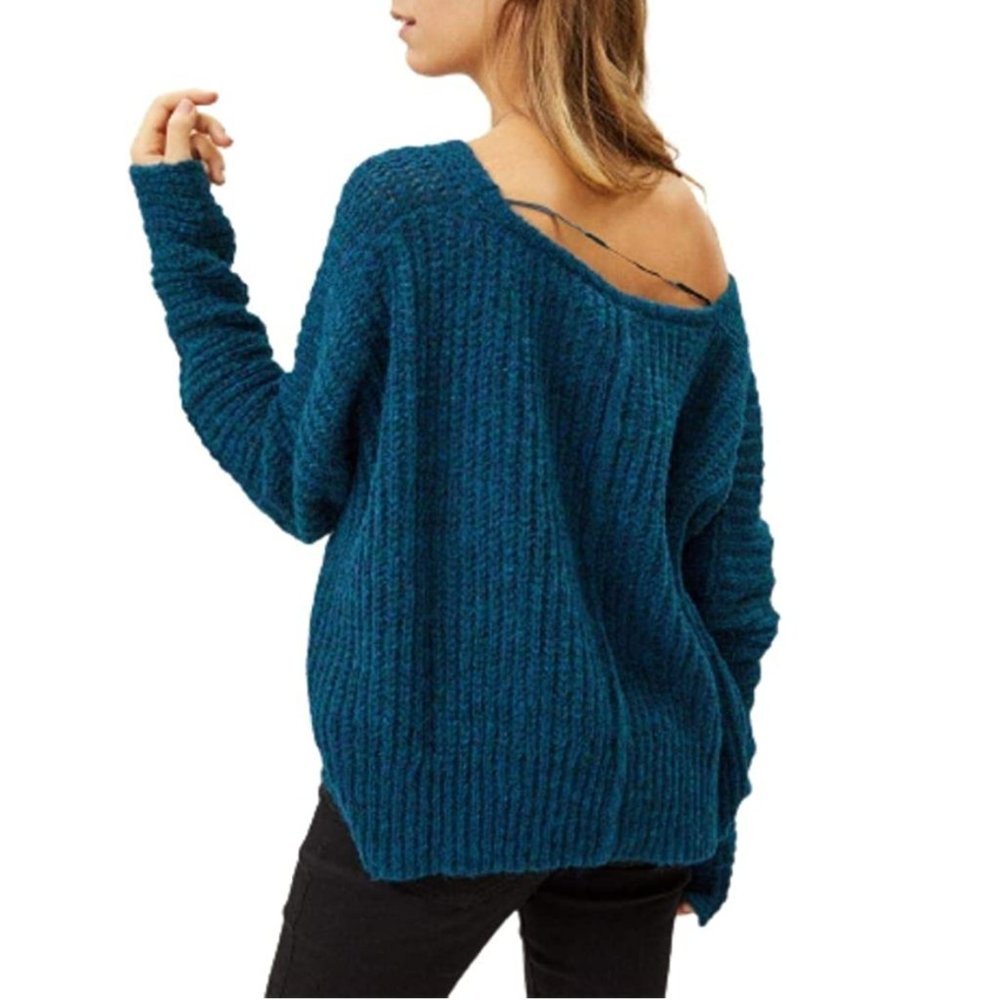 FREE PEOPLE Moonbeam V-Neck Sweater, Dream Lagoon - Picture 2 of 7